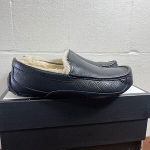 UGG Australia Ascot Black Pebbled Leather Wool Lined Slippers Slip On Men's 9.5